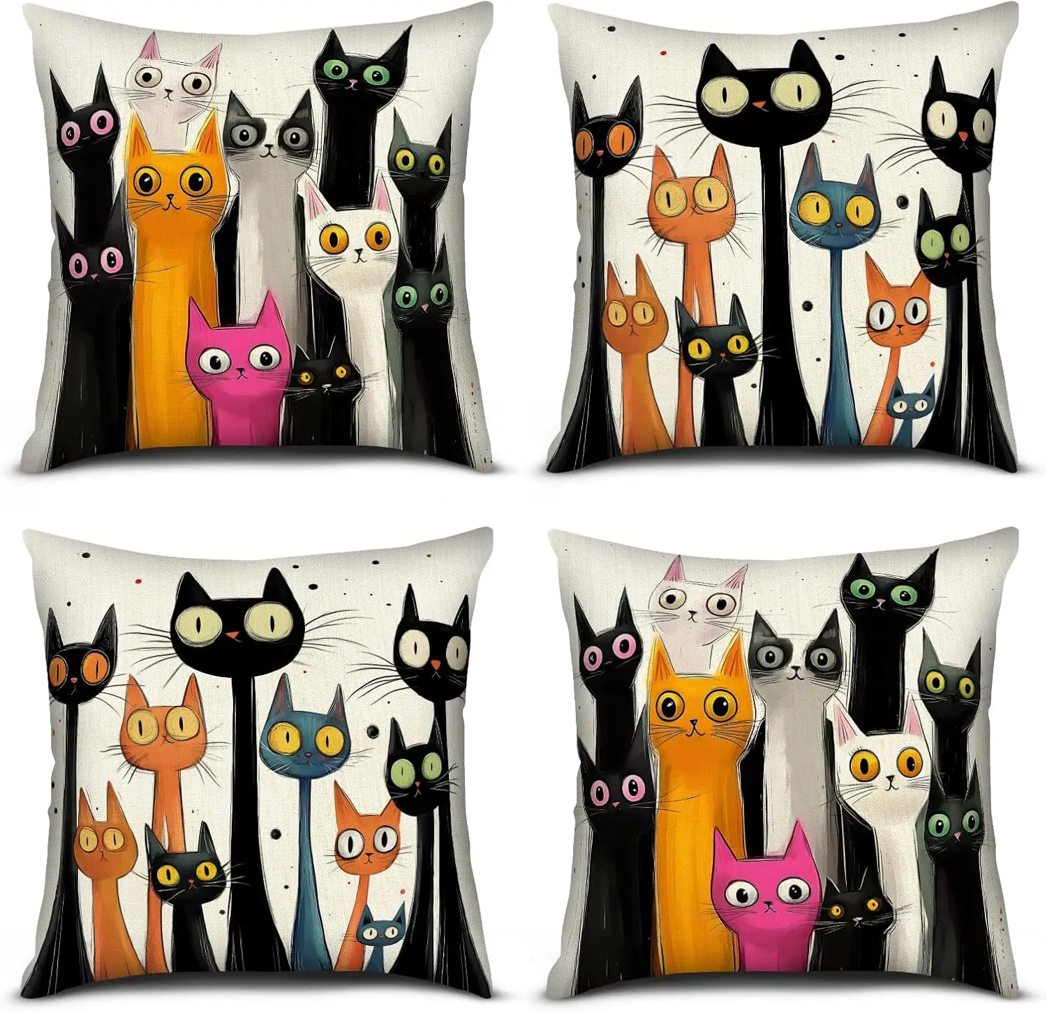 

4Pcs Fun Cat Throw Pillow Covers, Colorful Cartoon Cats Design Cushion Cases for Bedside Chair Window Seat Reading Nook Decor