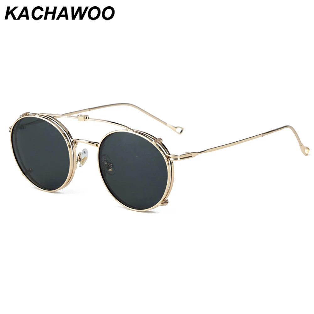 Kachawoo polarized sunglasses round frame men women metal sun glasses retro fip up eyeglasses gold brown black birthday gifts