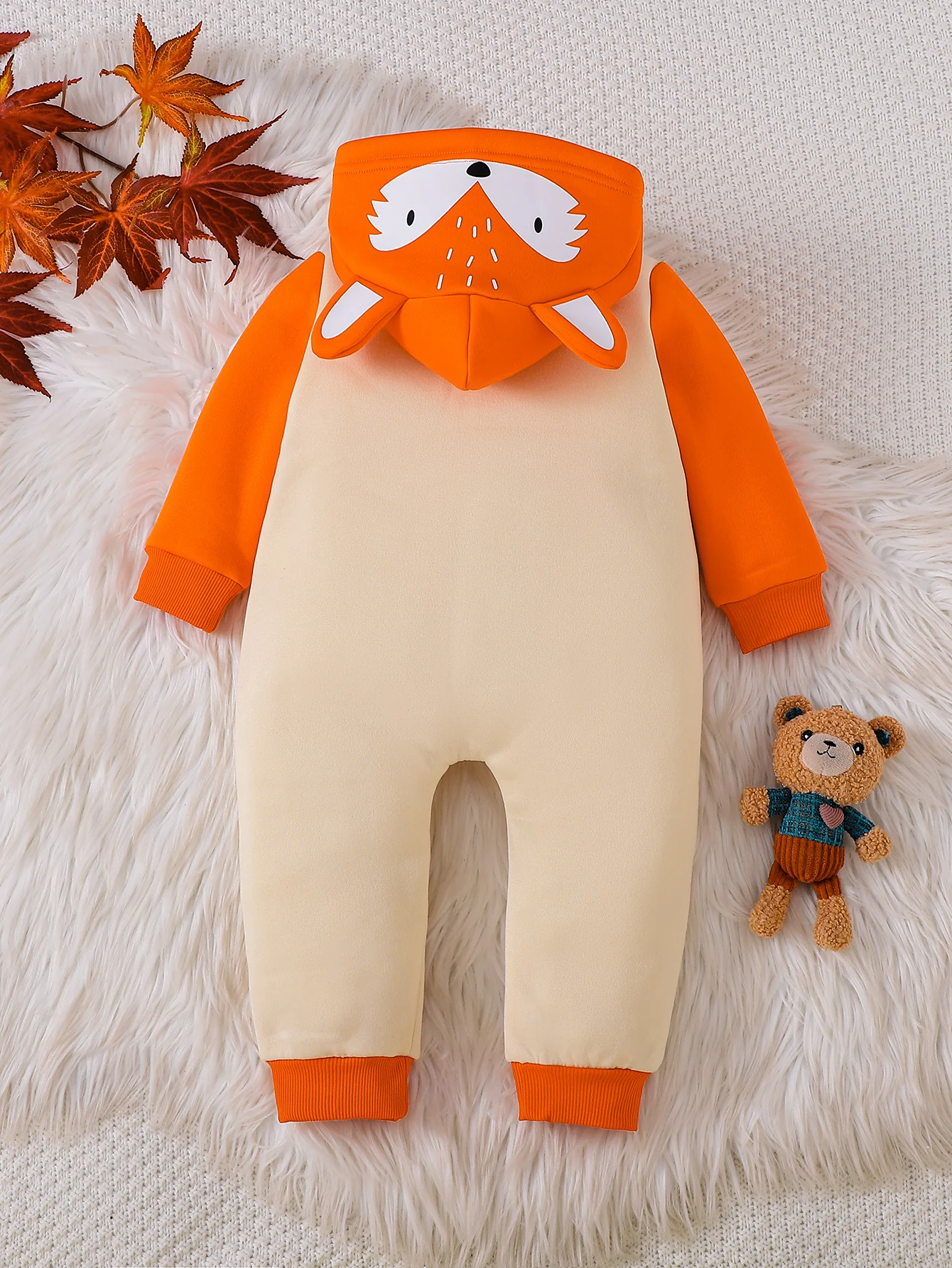 Baby Boy Autumn Winter Fleece Lined Romper Suit Fox Pattern Newborn Unisex Cute Outfit for Crawling And Outdoor Activities