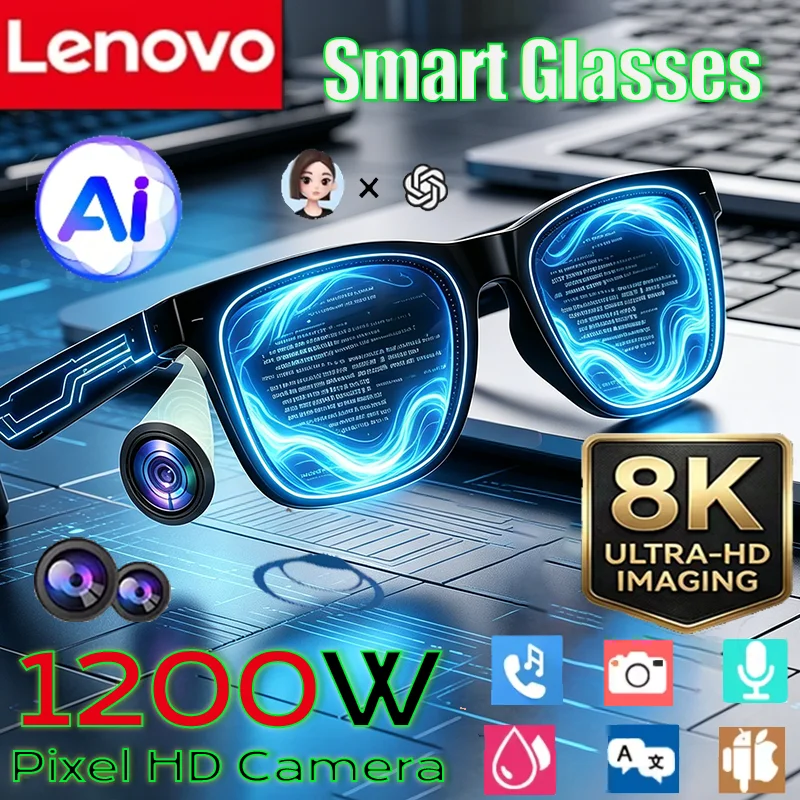 Lenovo 8K Camera Smart AI Sunglasses Multifunctional Bluetooth Call Music Player Voice Assistant Translate Photochromic Glasses