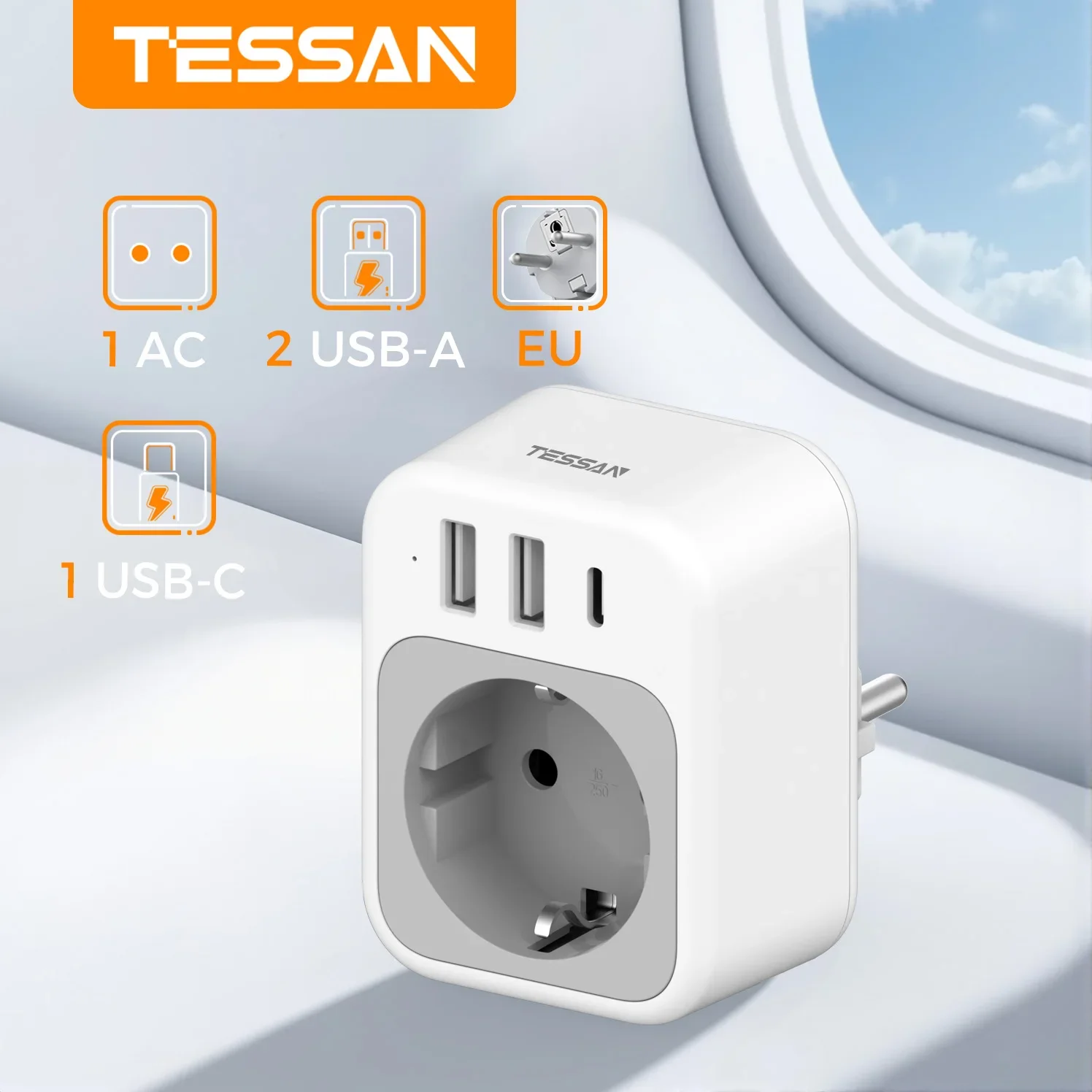 TESSAN Compact Wall Socket with 1 AC 2 USB A 1 USB C 3600W Multiple EU Plug Schuko Wall Plug Adapter Extender for Home Office