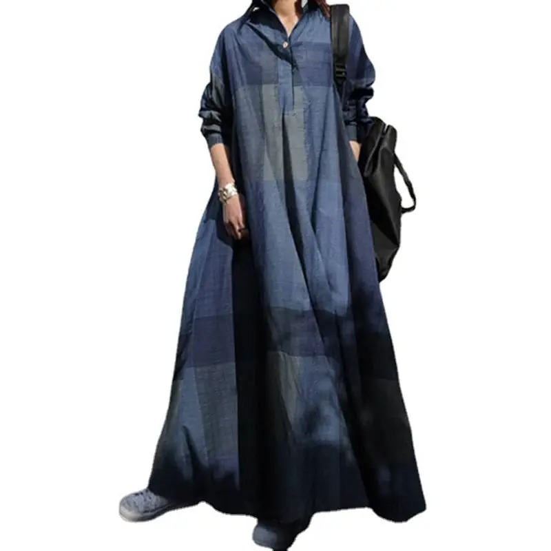 Autumn Large size casual dress 9XL 8XL fashion ladies cotton and linen lapel retro print pocket loose long sleeve pullover dress