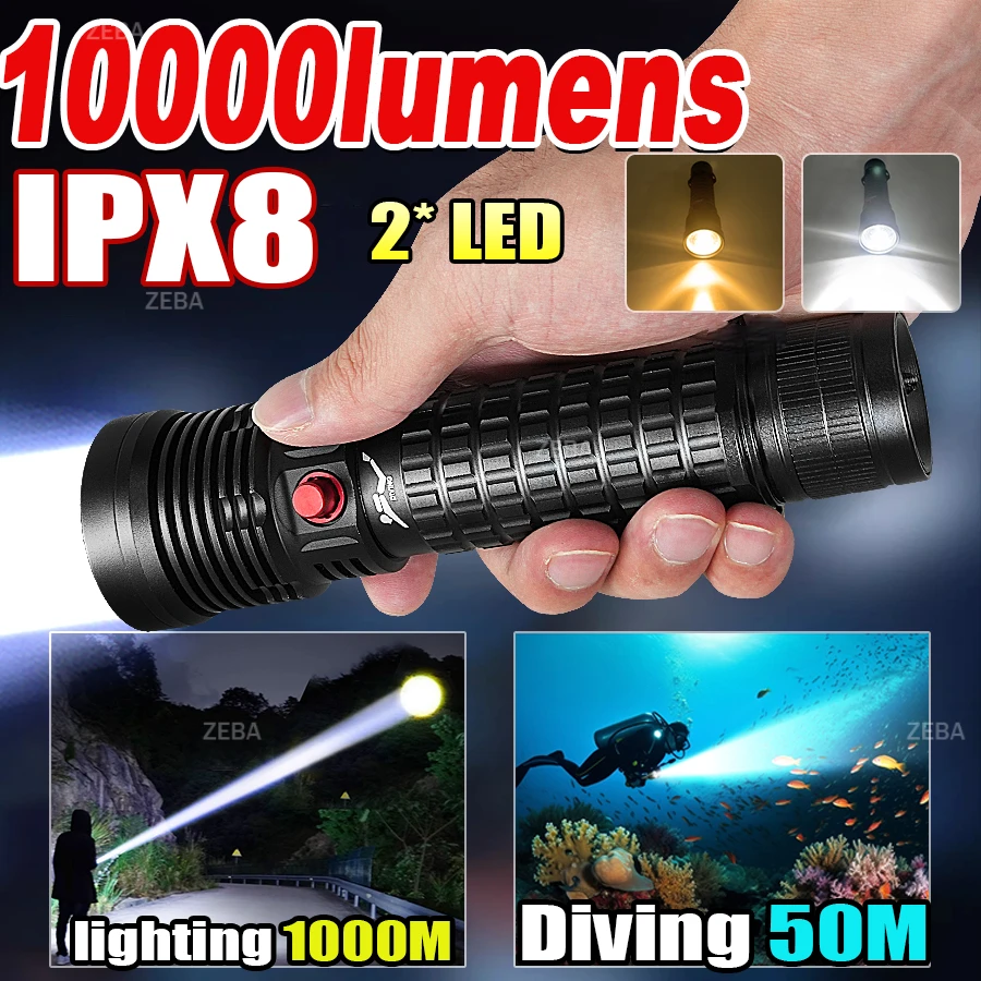 2026 New 10000LM Professional Diving Flashlight Scuba LED Dive Light 26650 Hunting Dive Torch IPX8 Waterproof Underwater Lantern