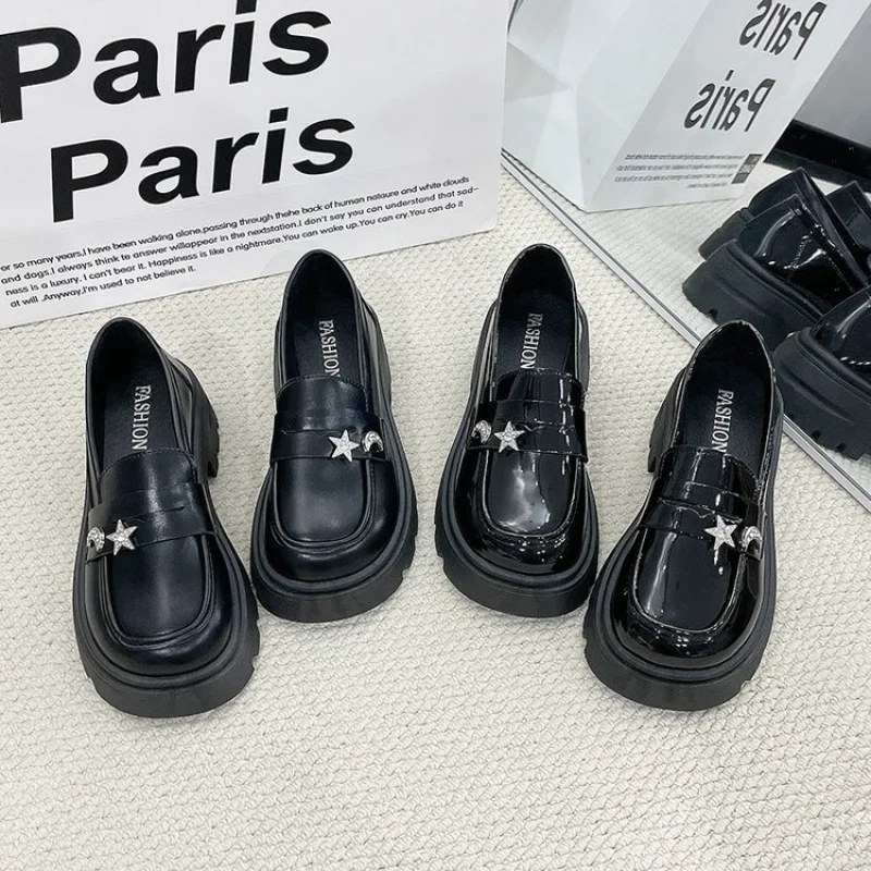 Women Star Decor Platform Loafers, Dark Sweet JK Academy, Y2K Millennium Girl, Vintage Chunky Height Increasing Uniform Shoes