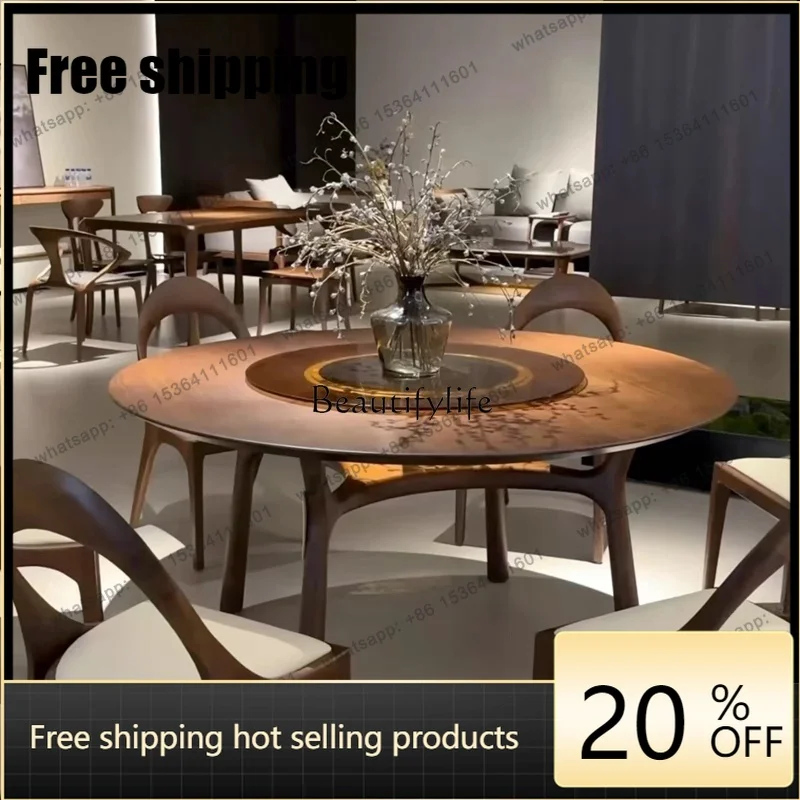 HJ North American black walnut solid wood round dining table in antique glass turntable