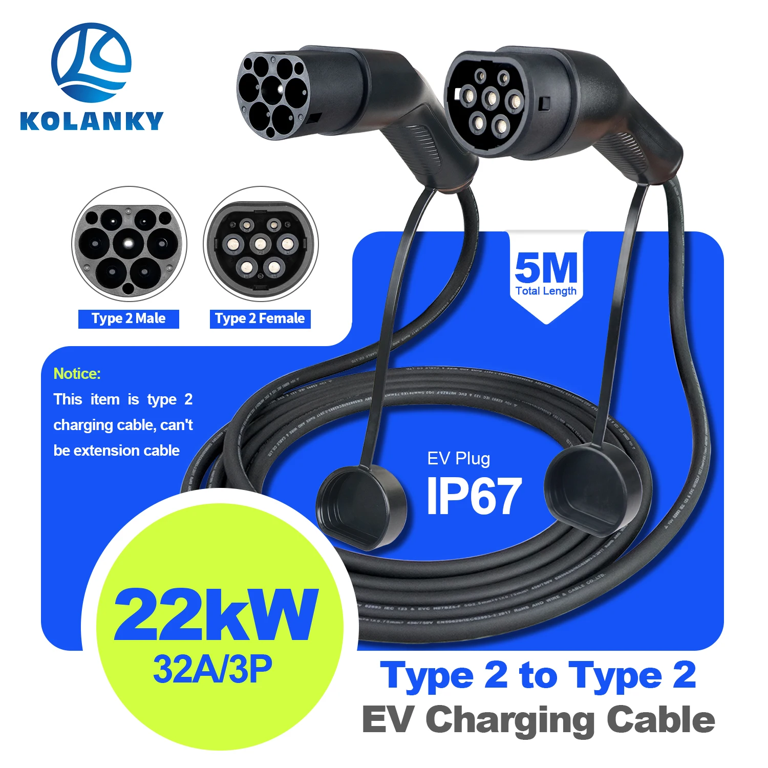 Kolanky Portable EV Charging Cable Type2 Male to Type2 famale 22KW 32A 3p Electric Car Charger for AC Public Station with Socket