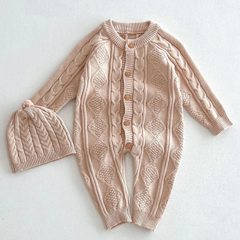 2024 New Autumn Baby Clothing Infant Baby Girls Boys Knitted Jumpsuit Long Sleeved Solid Color Toddler Baby Knitted Romper+Hat