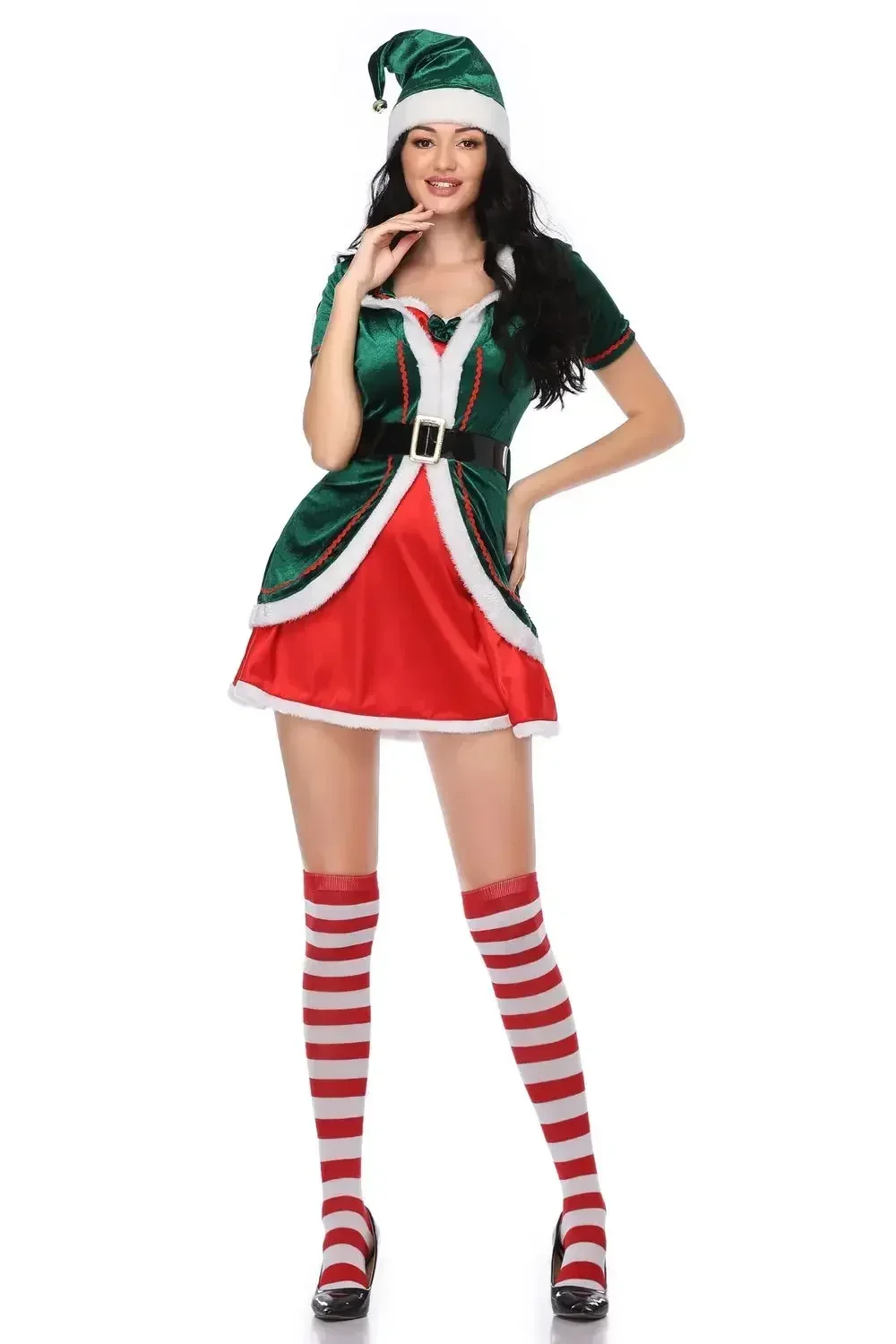 

Women Christmas Green Elf Costume Carnival Christmas Santa Claus Costume Xmas Party Cosplay Fancy Dress