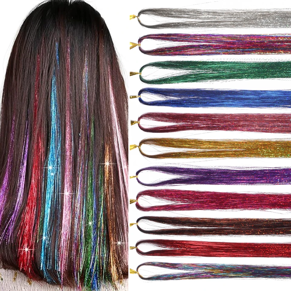 Kit de brillantina para cabello, tinsel, arcoíris de colores, extensión centelleante, accesorios para mujer, tocado