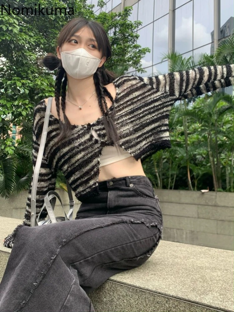 Knitted Thin Cardigan Women Clothing Long Sleeve Striped Pull Femme Fashion Casual Tunic Cropped Sweater Y2k Tops Sueter Mujer