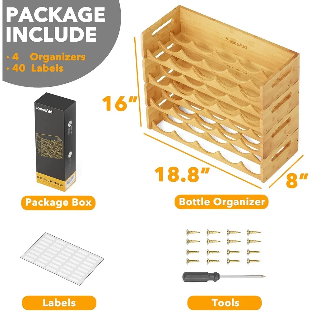 Bamboo Water Bottle Organizer with Labels, Kitchen Pantry Water Bottle Storage Rack for Cabinets, Home Cup