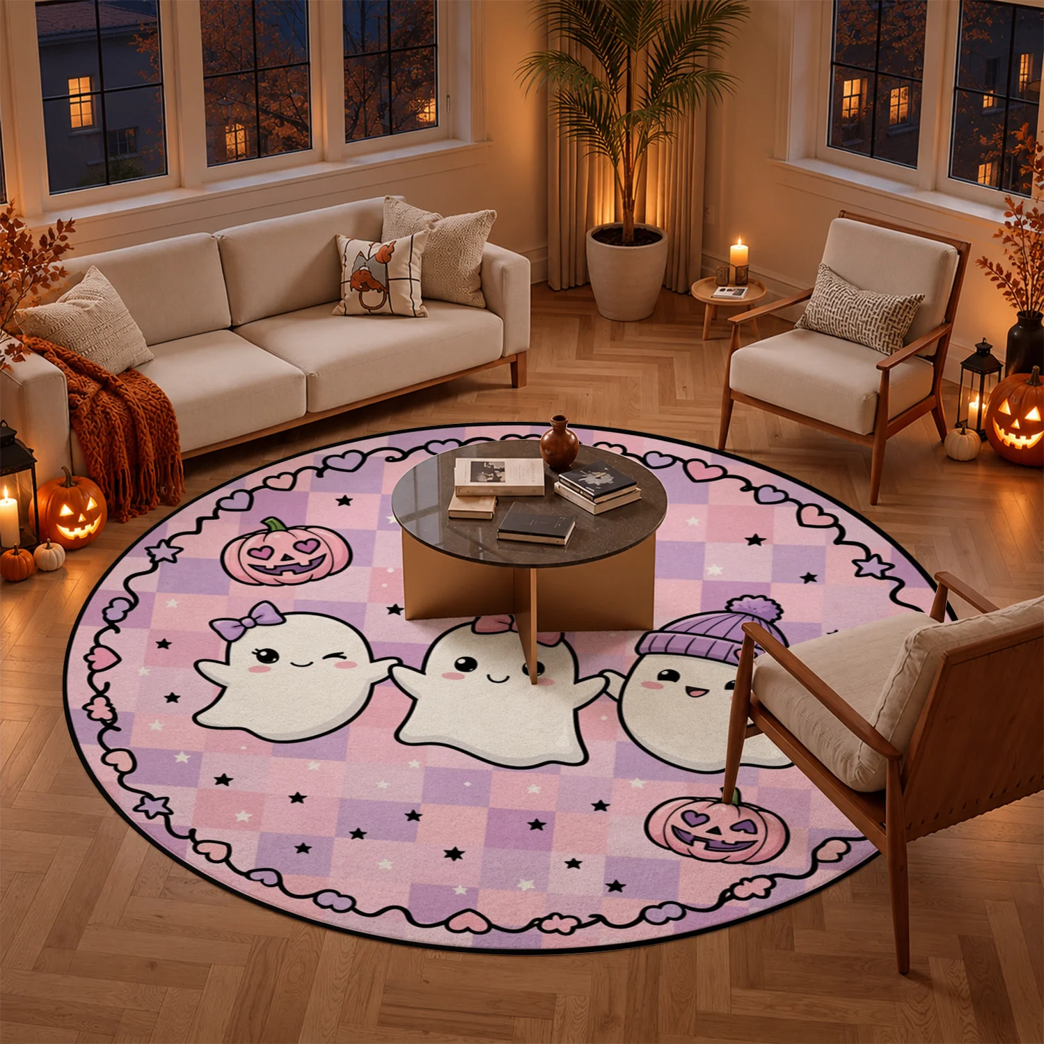 Cute Pastel Ghosts Pumpkins Checkered Round Velvet Rug Machine Washable Soft Area Rug for Living Room Bedroom Entryway Halloween Thanksgiving Christmas New Year Decor