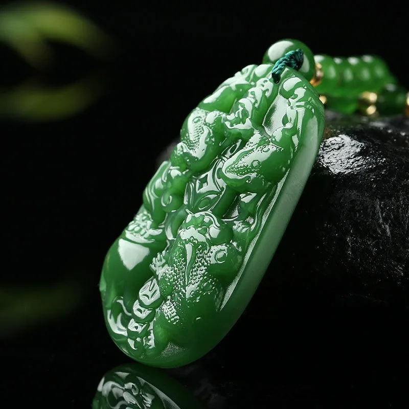 Natural Green Hand Carved Golden Toad Jade Pendant Fashion Boutique Jewelry Men's and Women's Three Toad Treasure Necklace Gift