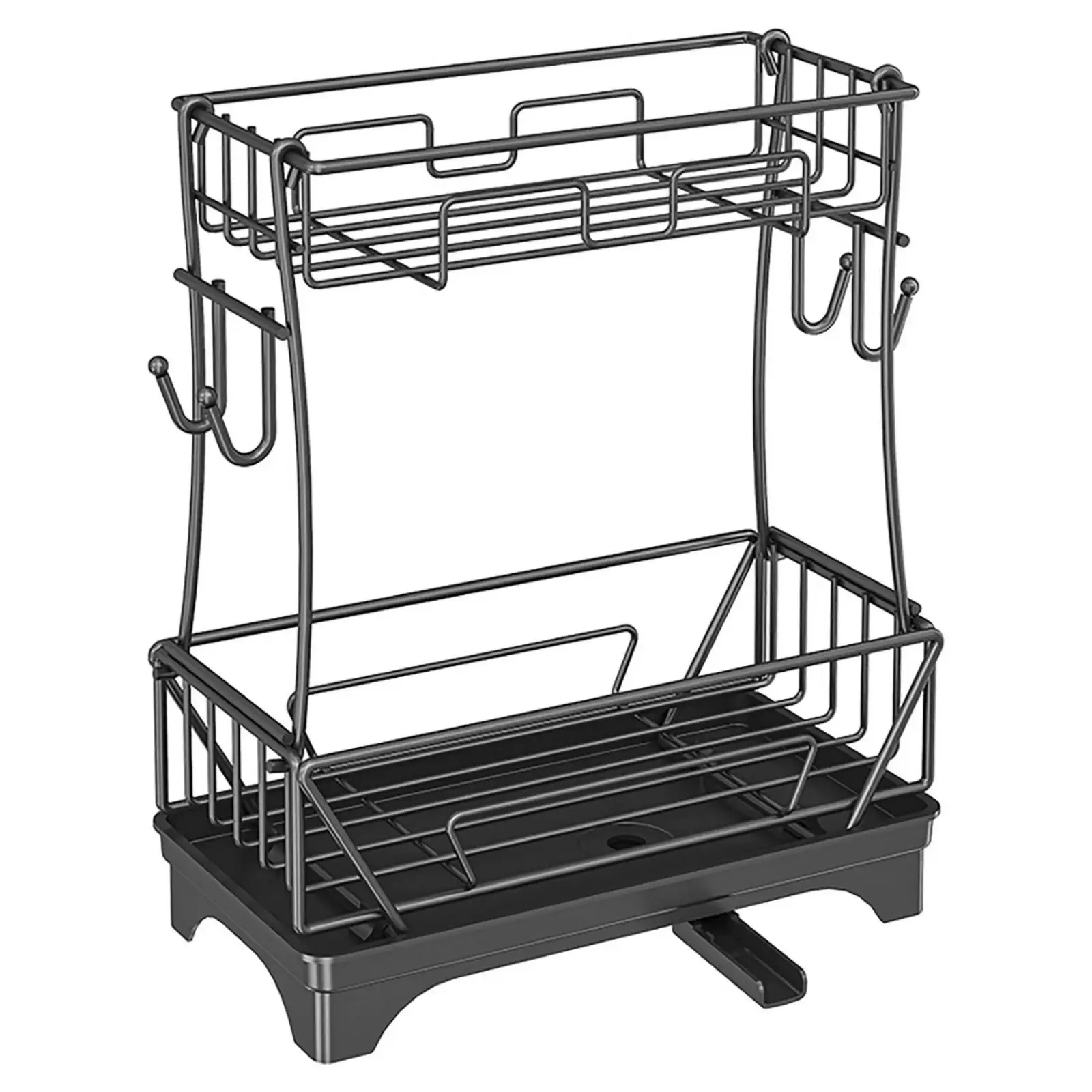 Sturdy Black Iron Kitchen Drain Rack Double Layer Sink Caddy for Dish Soap Sponge Holder with Drying Hooks for Towel