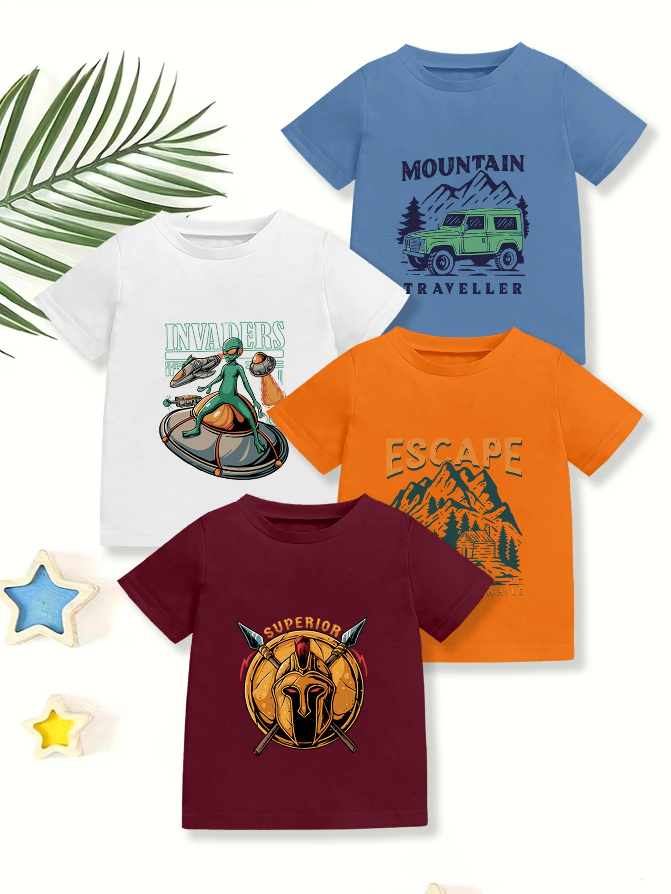 4 pieces: Boys Daily Casual T-shirt Cartoon Mountain Spear Shield Alien On Spaceship Car Print Summer Cotton Tee