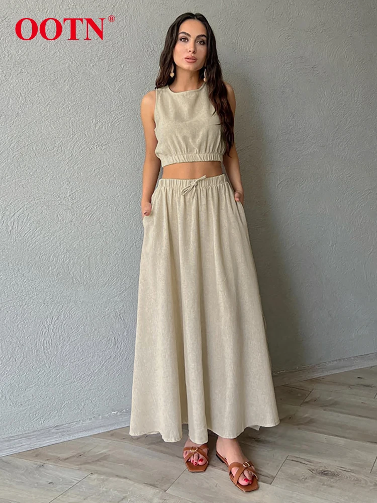 OOTN setelan rok Linen katun Khaki 2 potong pakaian liburan Wanita Musim Panas 2024 rompi potong rok A-Line set kasual wanita