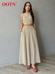 OOTN Khaki Cotton Linen Skirts Suits 2-Piece Vacation Women Outfits Summer 2024 Cropped Vest A-Line Skirts Casual Sets Female