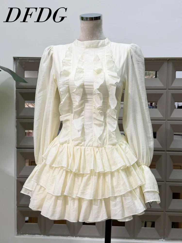 DFDG 2025 Vestido feminino com babados em camadas, elegante, gola redonda, manga comprida, cintura, casual, primavera, outono, curto, emagrecimento, vestido de férias