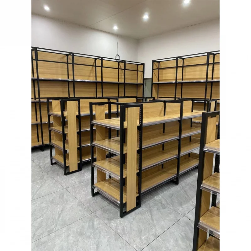 custom.Cold Rolled Steel Wood Structure Supermarket Shelf Custom Label Gondola Shelving