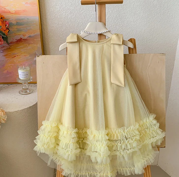 New Baby Summer Girls Boutique Yellow  Dress, Princess Kids Fashion Party Dresses 2-8 T