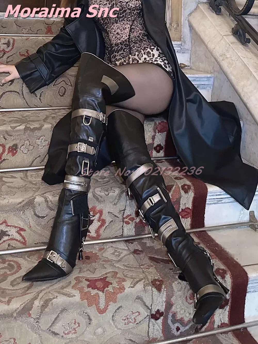 

Sexy Belt Buckle Zipper Thigh High Boots Pointed Toe Stiletto High Heel Side Zipper Fashion Women Over-the-knee Boots Winter New