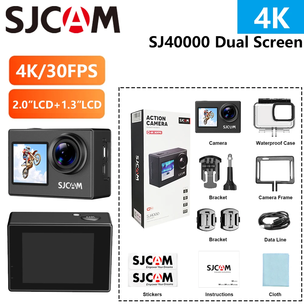 

Экшн-камера SJCAM SJ4000 с двумя экранами, 4K, беспроводная, Wi-Fi, H.264, для спорта, профессиональная камера, для мотоцикла, велосипеда, подключение к приложению iOS/Android