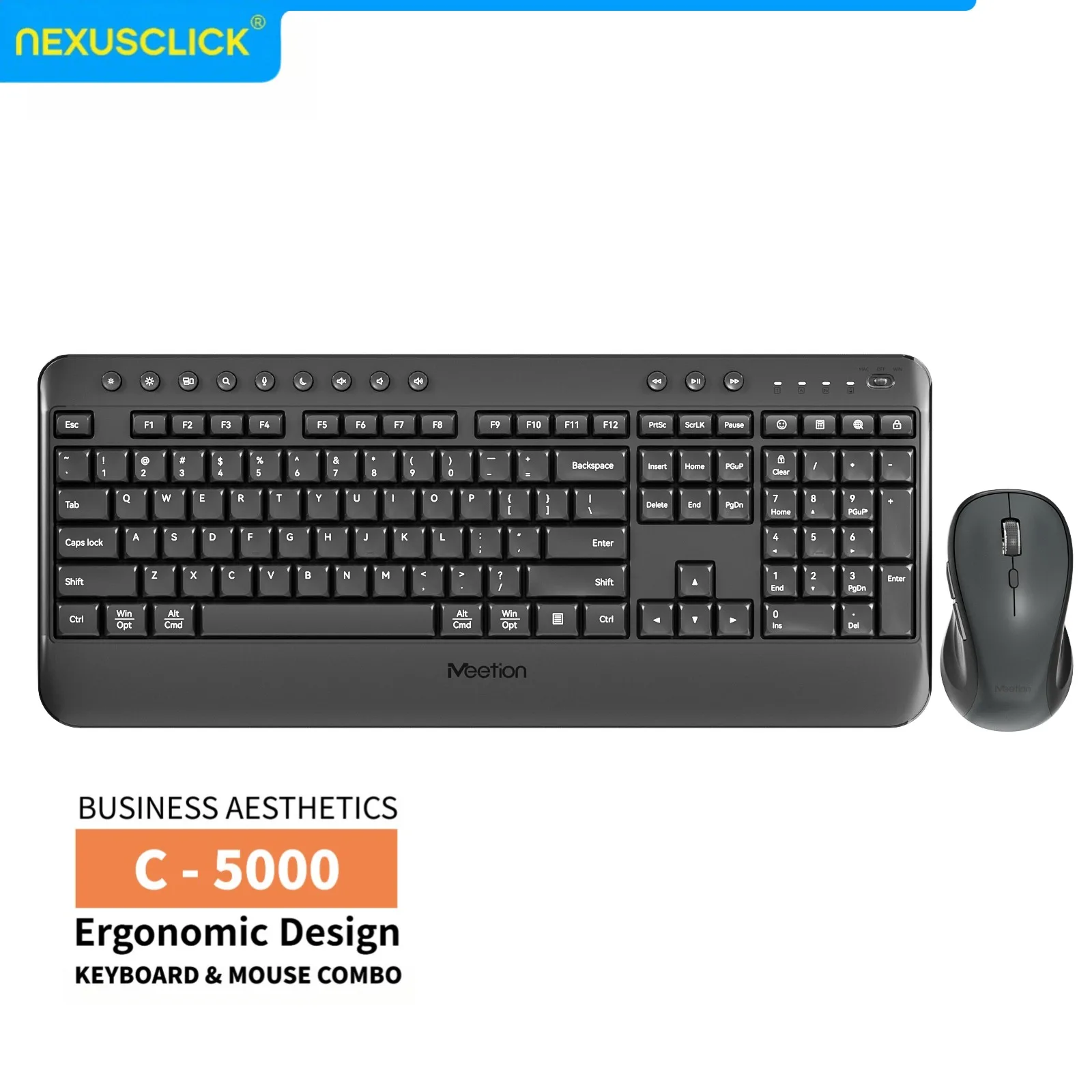 NexusClick 2.4G Wireless Keyboard Mouse Combo with USB-C Adapter,Multimedia Keys,Adjustable DPI,Ergonomic Design for Office&Home