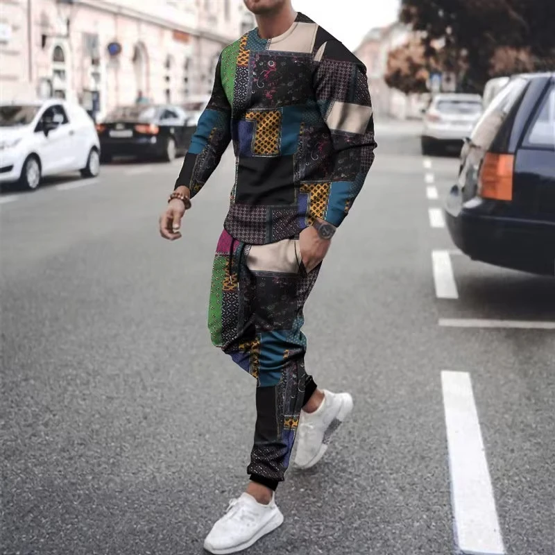 T-shirt da uomo autunno Set manica lunga O collo Jogging urbano Stampato in 3D Moda Casual Streetwear Abiti oversize Tuta sportiva