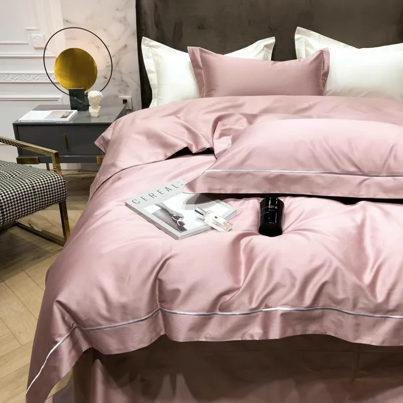 2024 New Long-staple Cotton Four-piece Bed Linen Newest Plain Color Cotton Bedding Simple Nordic Style Fashion Purple Pink Color