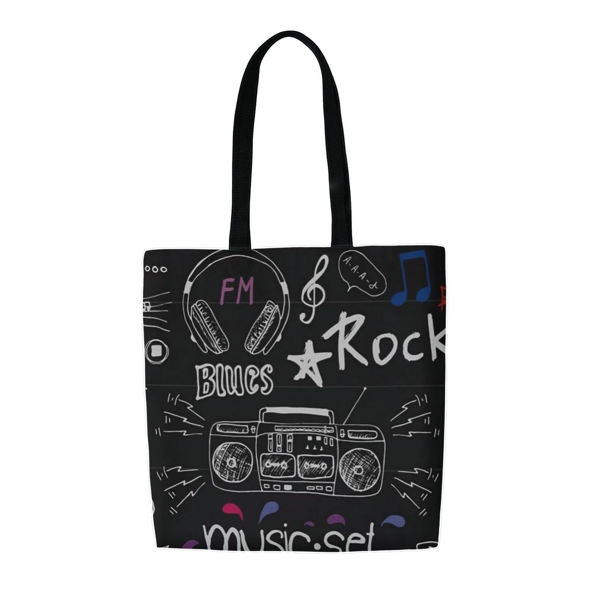 Rock Music Graffiti Canvas Women Tote Bag Black Music Print Shoulder Bag Large Capacity Casual Handbag Reusable Music Travel