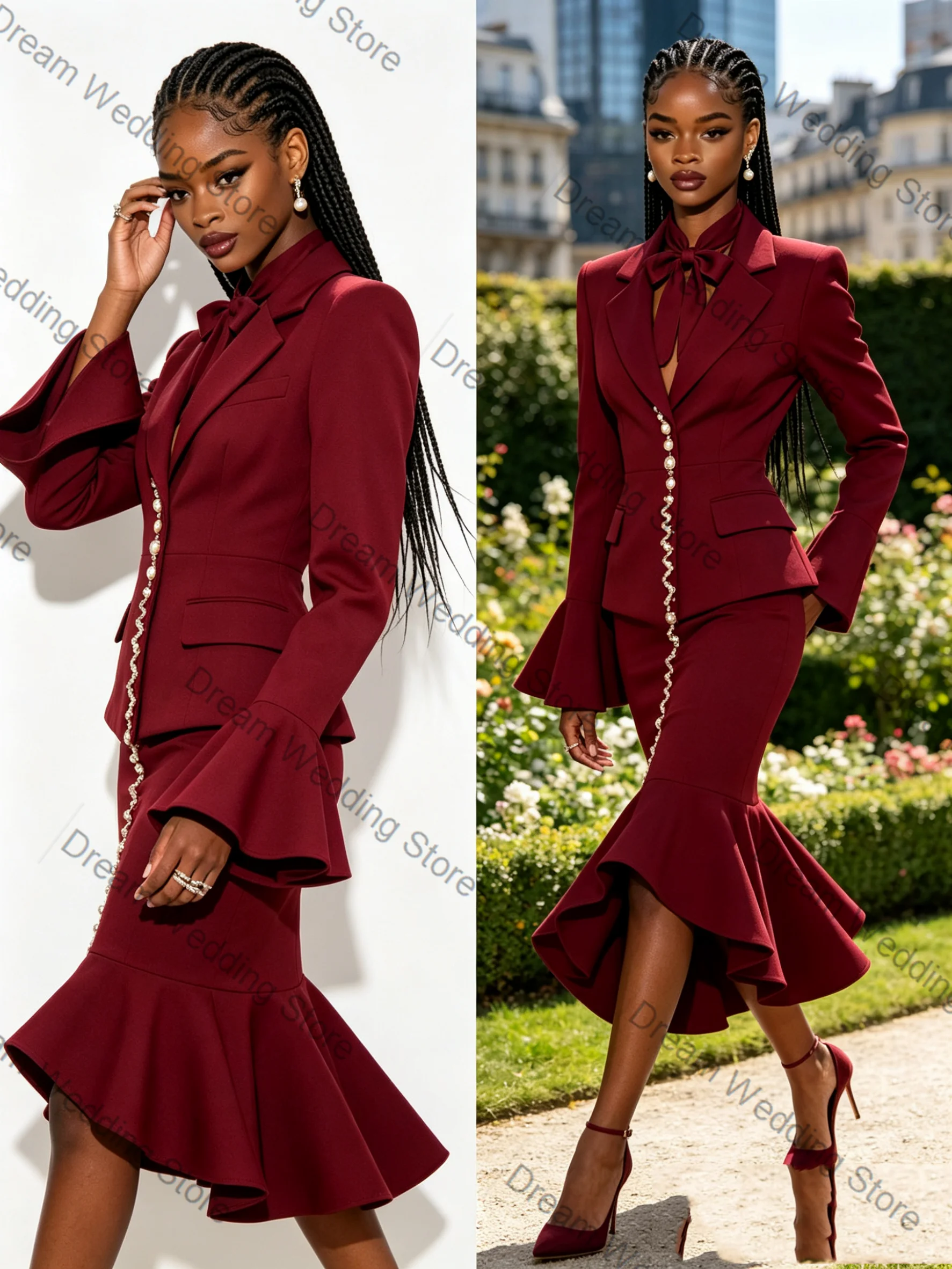 

Burgundy Women Suit Skirt Set 2 Pcs Blazer+Prom Dress Ruffles Hem Formal Office Lady Jacket Customized Wedding Guest Coat