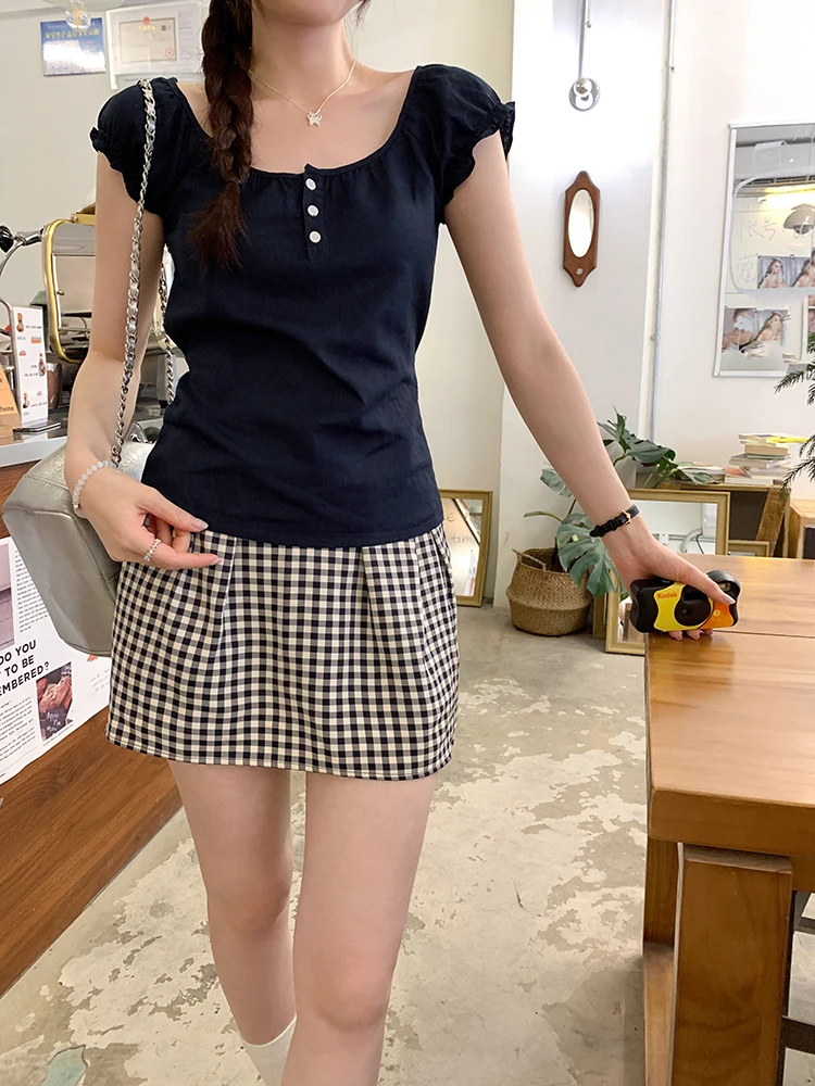 Slim Fit T-Shirt Women's Summer New Unique Beautiful Short Sleeve Square Collar Bubble Sleeve  Silk Straight Tube Top