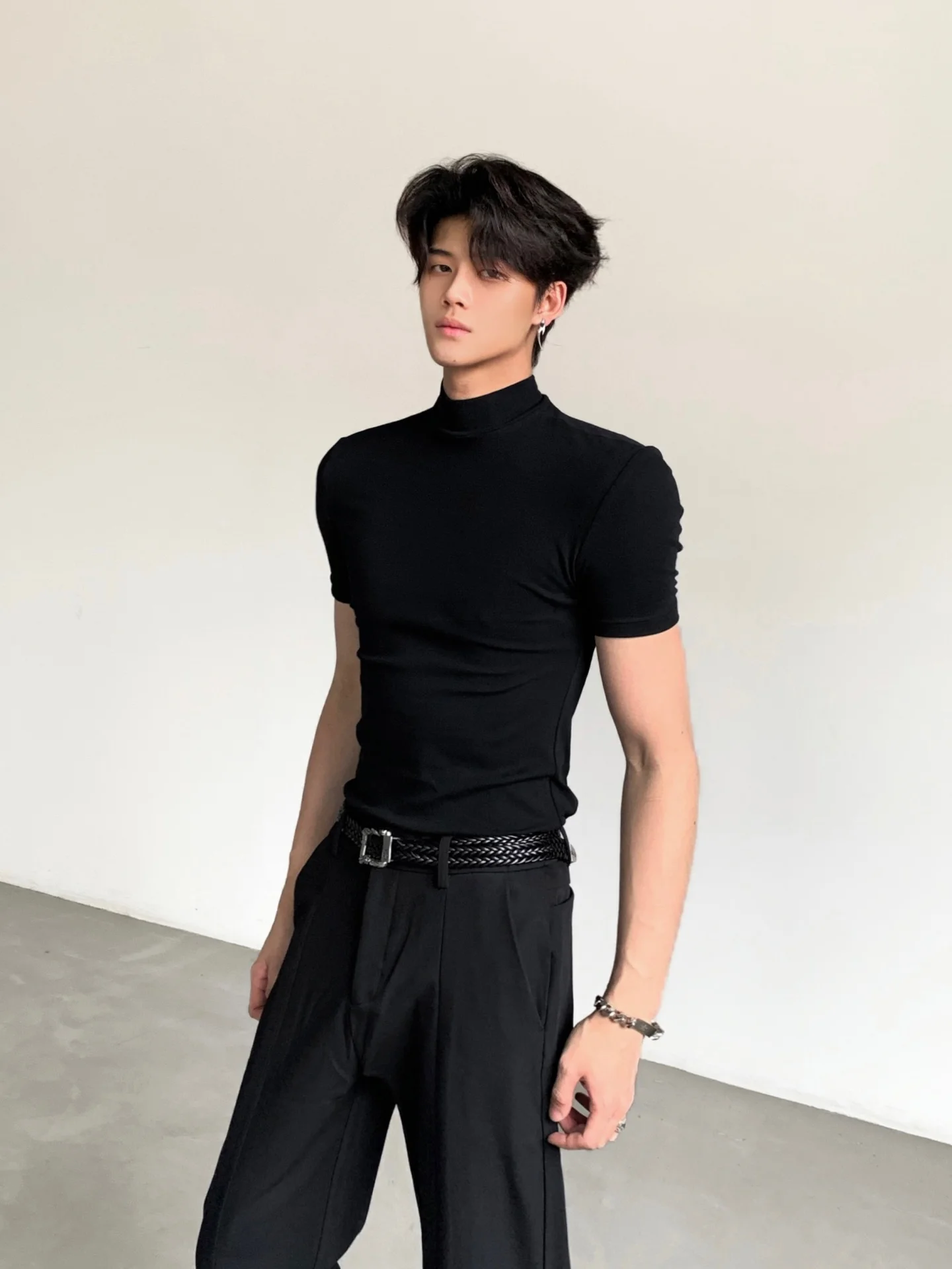Ace Tailors Men's Knitted Short Sleeve T-Shirt Sporty Slim Fit Half Sleeve Pure Color Base Shirt Comfortable Skin-Friendly
