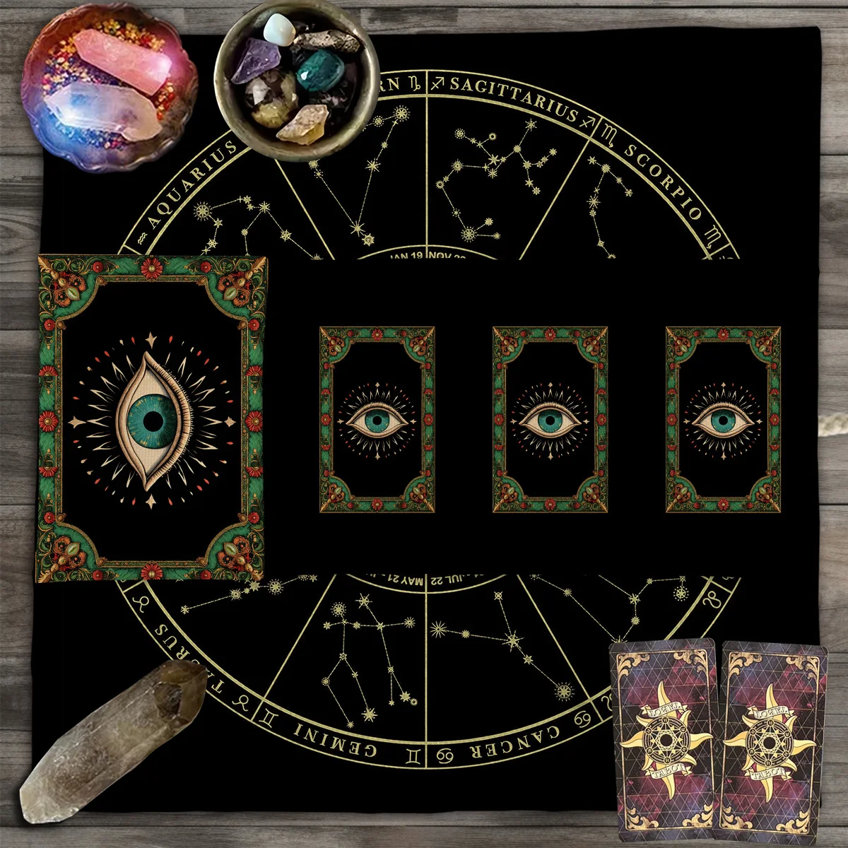 Blaue Pupille Tarotkarten Aufbewahrungstasche Grüne Blume Tarot Aufbewahrungstasche Goldenes Muster Wahrsagerei Tasche