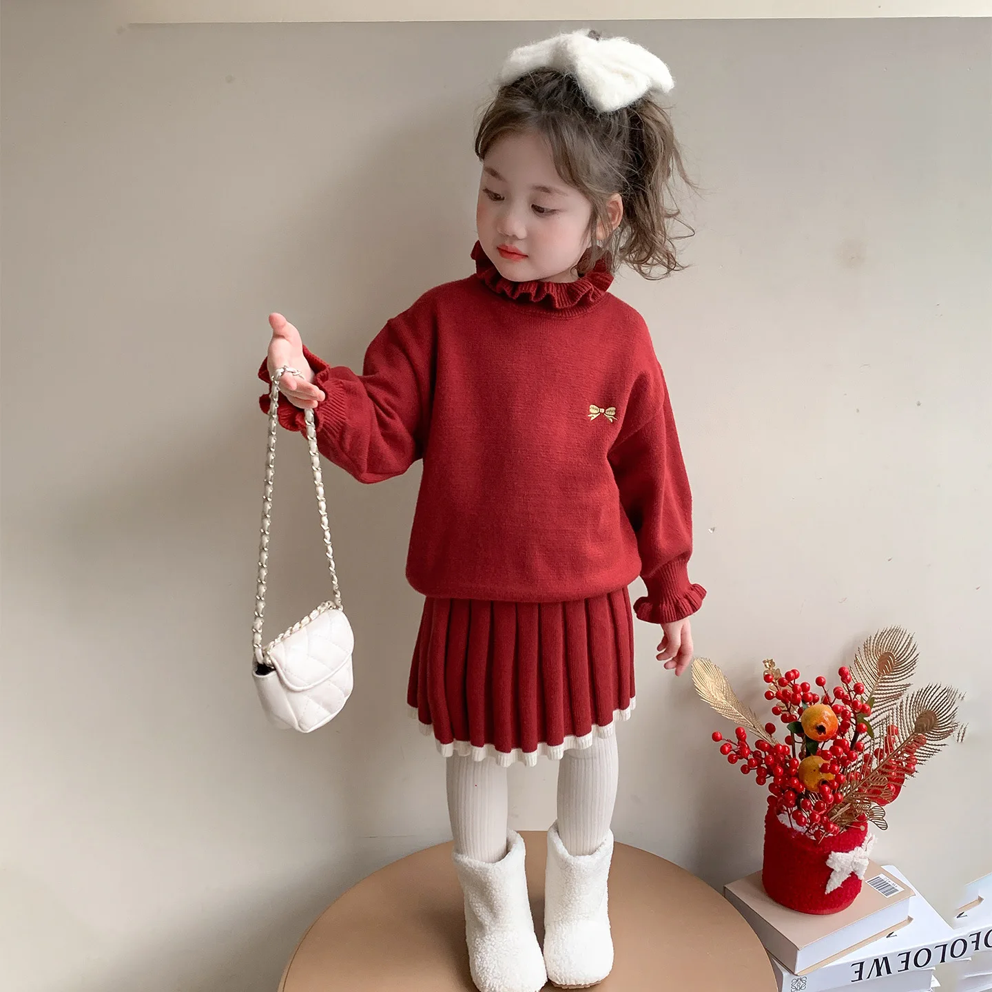 Girls' High Neck Woolen Dress Two-piece Set for Spring and Autumn, New Korean Small Fragrance Style Set