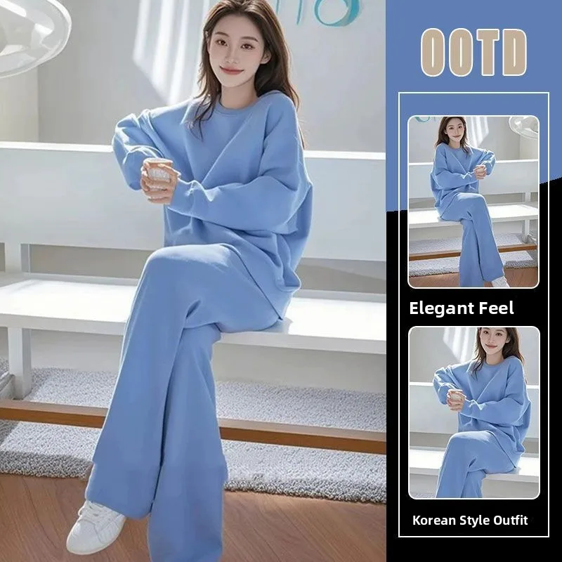 Premium Korean Style round Neck Sweatshirt High Waist Wide Leg Pants Two Piece Set  Color Casual Spring Autumn Wear