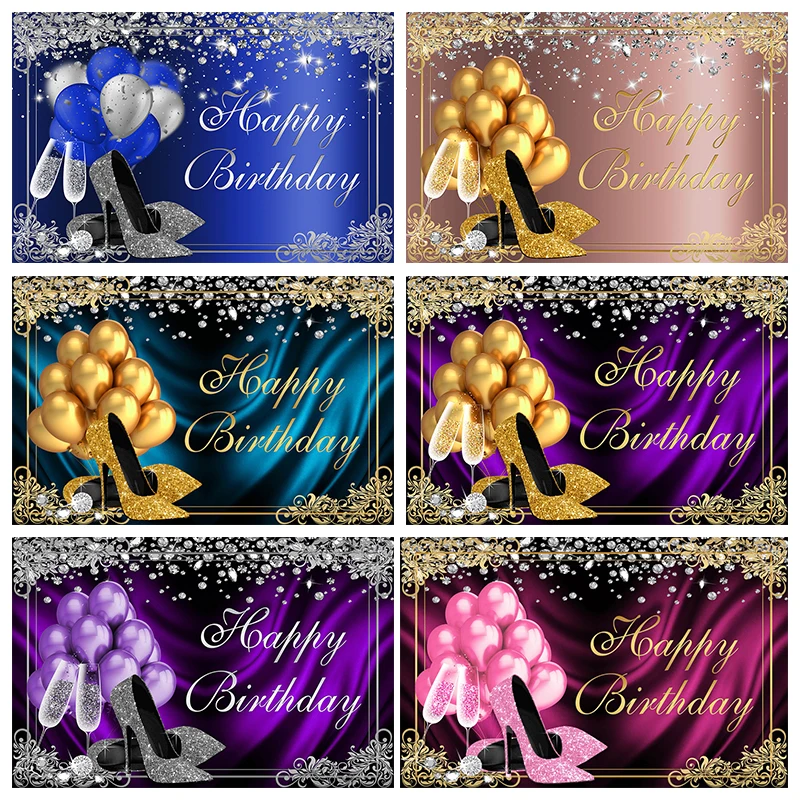 Mocsicka Women Birthday Party Decoration Golden High Heels Background Balloons Diamond Photography Adult Photos Backdrop Props