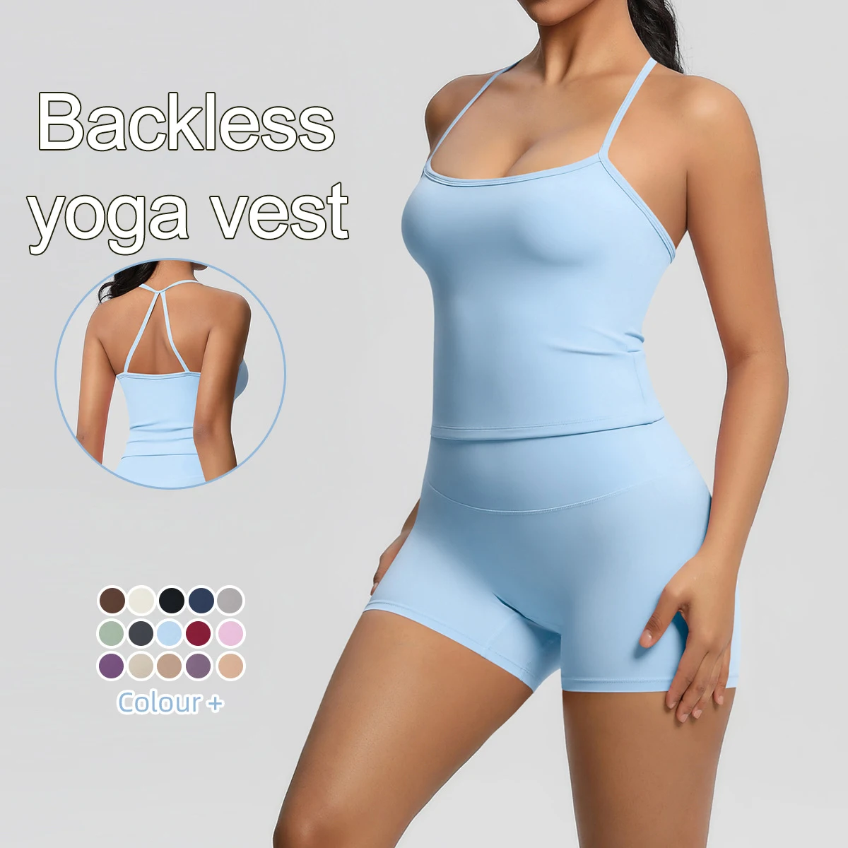 2PCS/Set Summer Nylon Yoga Shorts Vest Yoga Set Woman Workout Top Solid Color Sexy Backless Strap Vest Sports Shorts Yoga Set