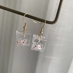 Acrylic transparent square playing card earrings 925 silver hook no ear hole ear clip fun funny ice cube earrings