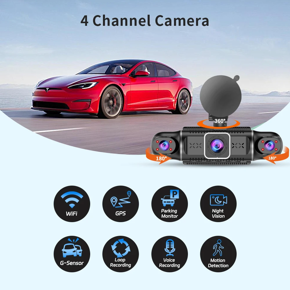 Free 64GB 360 Degrees Car DVR Dash Cam WiFi GPS 24h Parking Monitor 4 Lens*HD 1080P Video Recorder APP Control Hard-wired Tool