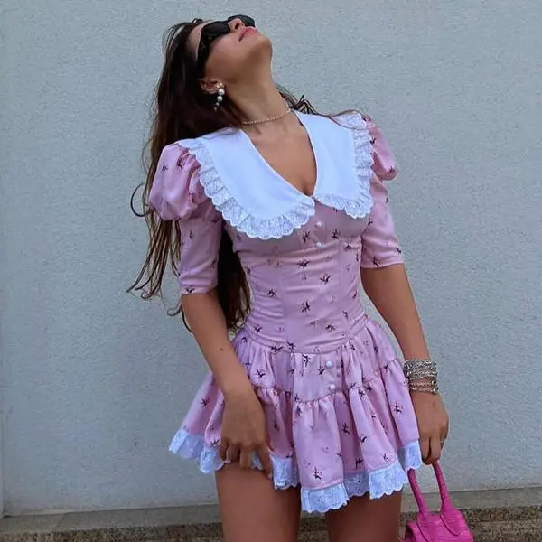 

Floral Print Puff Sleeve Short Dress Fashionable Waist-Cinching Spring Summer New Arrival Doll Collar Women's Dress Casual Wear