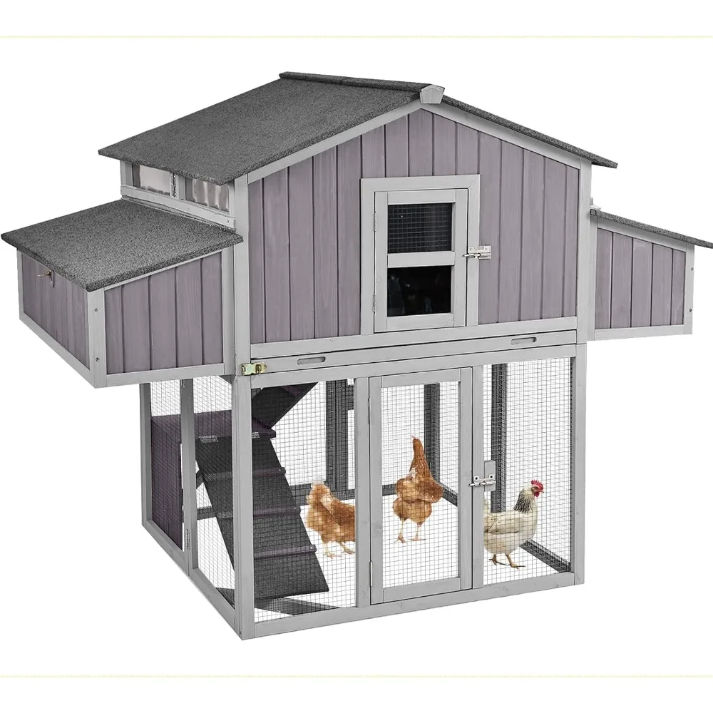 

Chicken Coop Outdoor Super Easy to Assemble Large Hen House Wooden Poultry Cage with Nesting Box and Run (Grey)