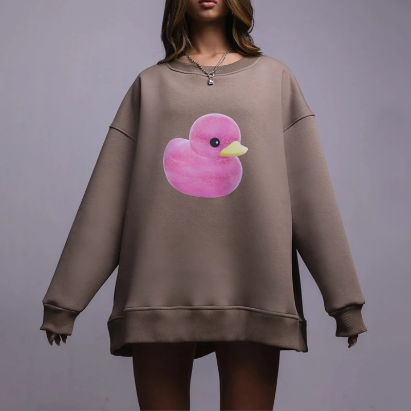 Duck Round Neck Sweatshirt for Women2025 Autumn New Style for Women Simple Casual Loose Round Neck Printed Sweatshirt