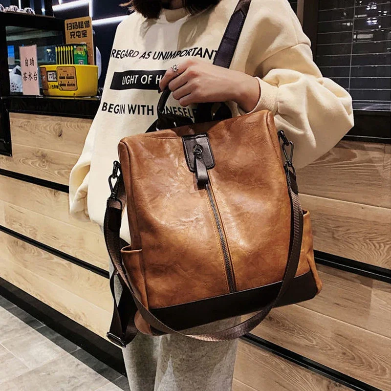 Vintage Backpack Women  Soft PU Rucksack Large Capacity Travel Backpack Anti-theft School Bag High Quality Leather Knapsack sac