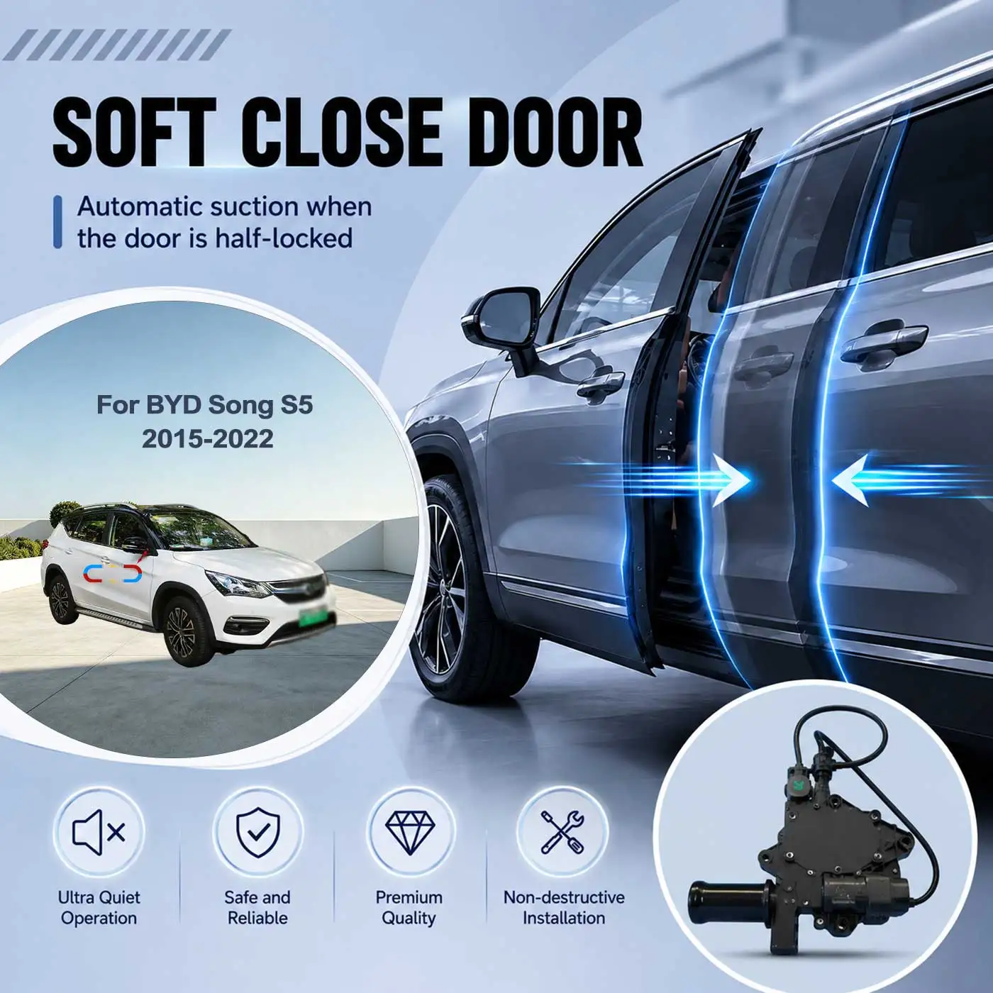 

For BYD Song S5 2015-2022 Electric Soft Close Door Auto Pull-In Suction Lock Intelligent Silent Closer Kit