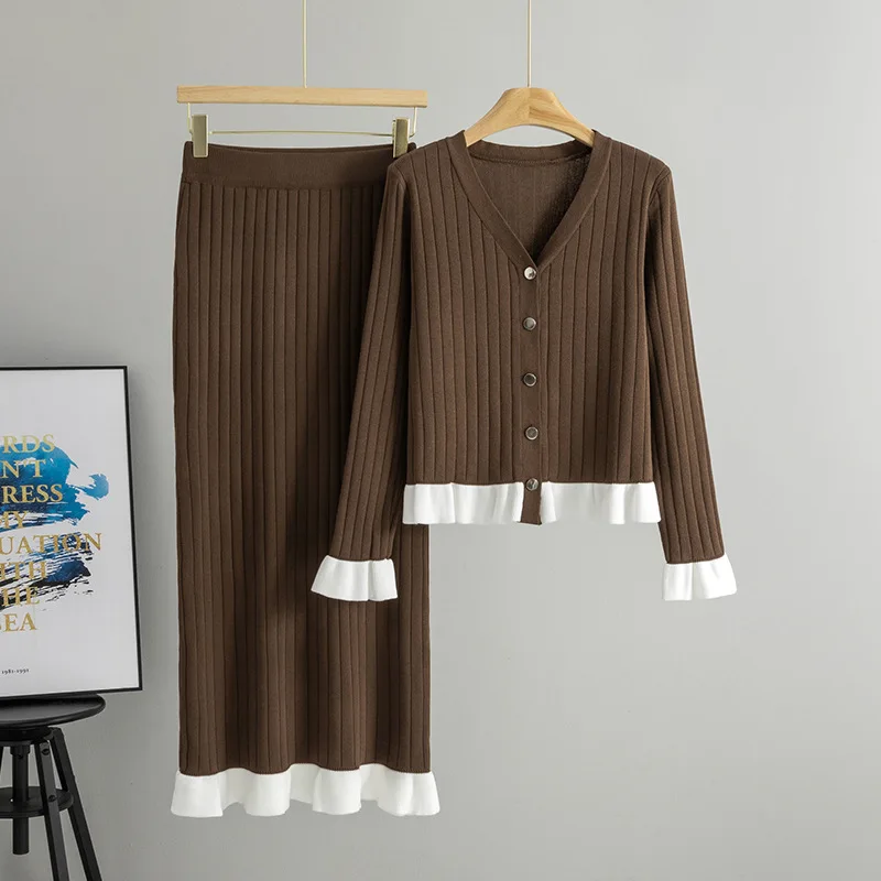 Greenora Women Scandinavian Style Old Money Matching Set Bell Sleeve Knit Cardigan Midi Skirt Two Piece Outfit