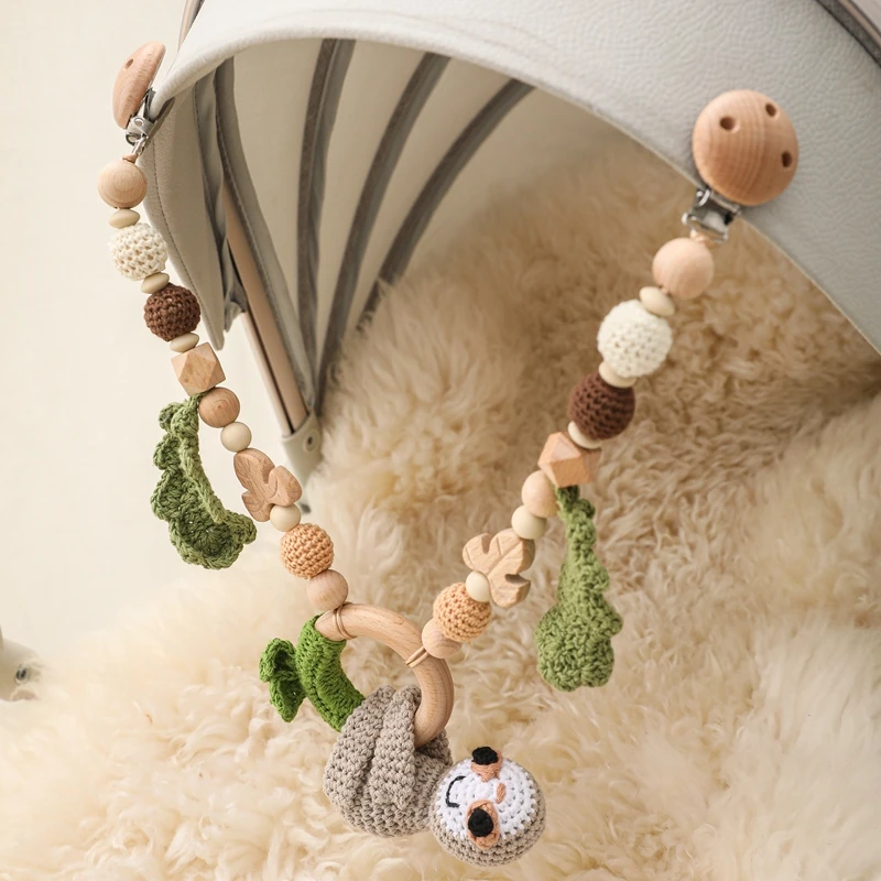 New Cute Animals Pram Clip Pacifier Clip Chain Crochet Beads Bracelet Pram Clip Baby Rattle Wood Teether Stroller Toys