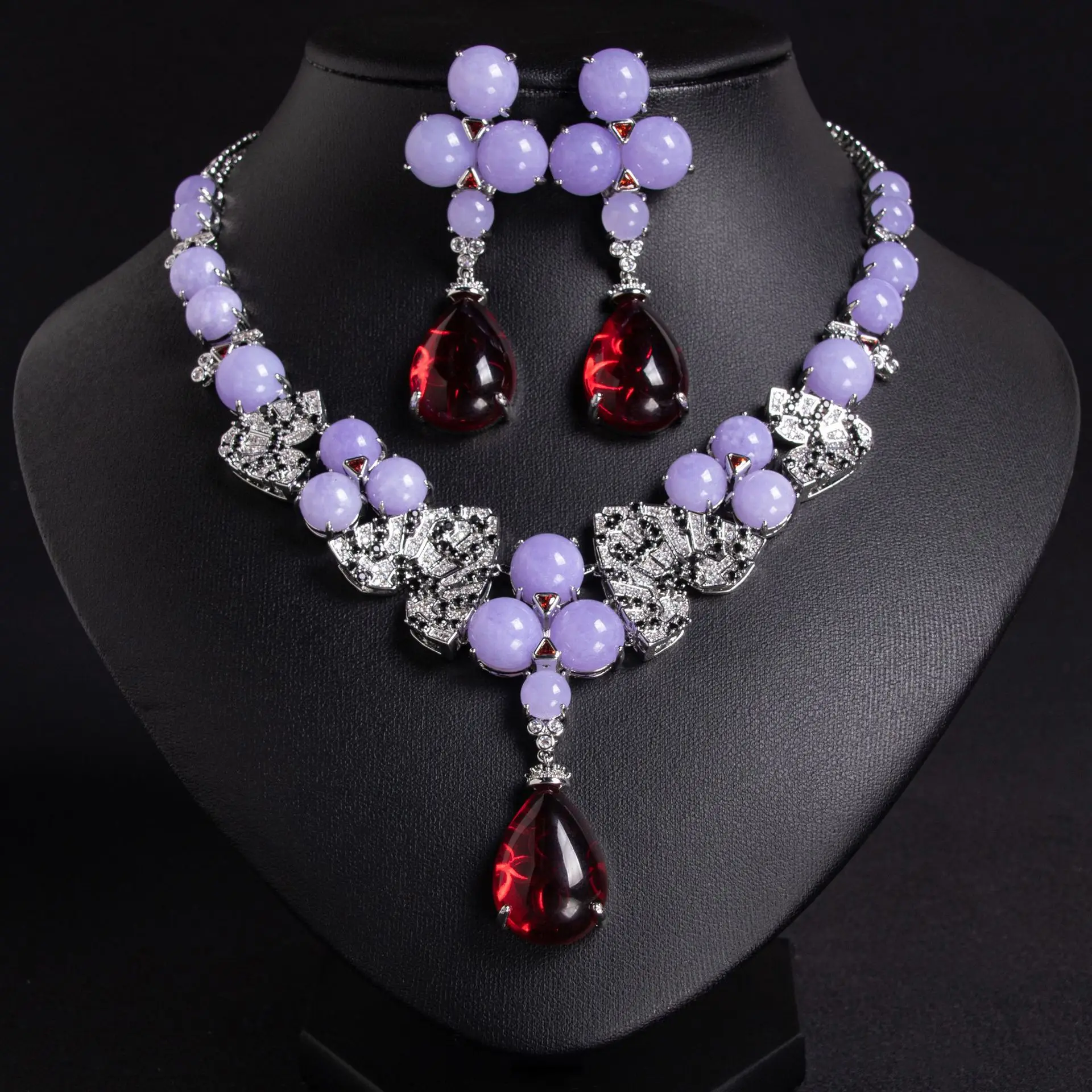 

HIBRIDE New Deluxe Stunning Purple Grape Droplet Necklace Earring Set Women's Wedding Holiday Everyday Gift Jewelry S-1135