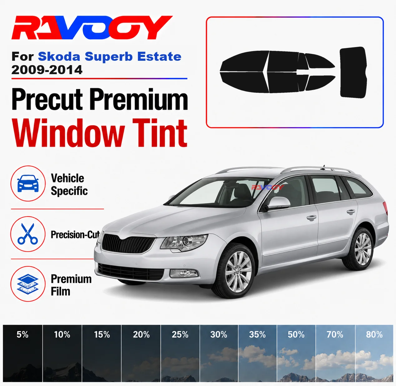 Premium Precut Window Tint Kit Front Rear Windows Rear Windshield For Skoda Superb Estate 2009-2014 Car Solar Nano Ceramic Film