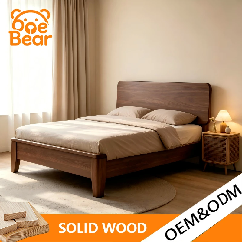Mid-Century Modern Solid Wood Double Platform Bed Frame Minimalist Low Profile Wooden Bed For Residence Master Bedroom Home Deco